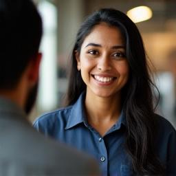 एक मिलनसार तकनीशियन ग्राहक से बात कर रहा है।