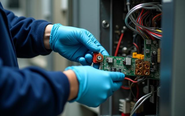 एक तकनीशियन उपकरण के सर्किट बोर्ड की मरम्मत कर रहा है